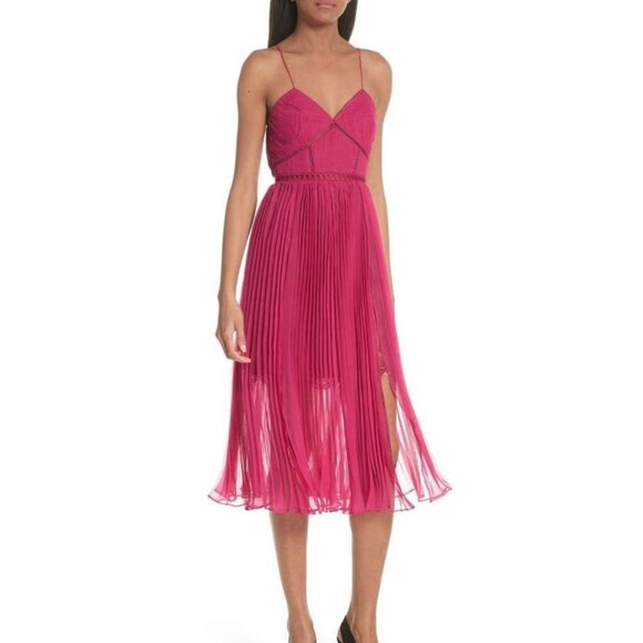 NWT Self-Portrait Fuchsia Pink Pleated Chiffon Midi Dress Size 10 - Picture 6 of 16
